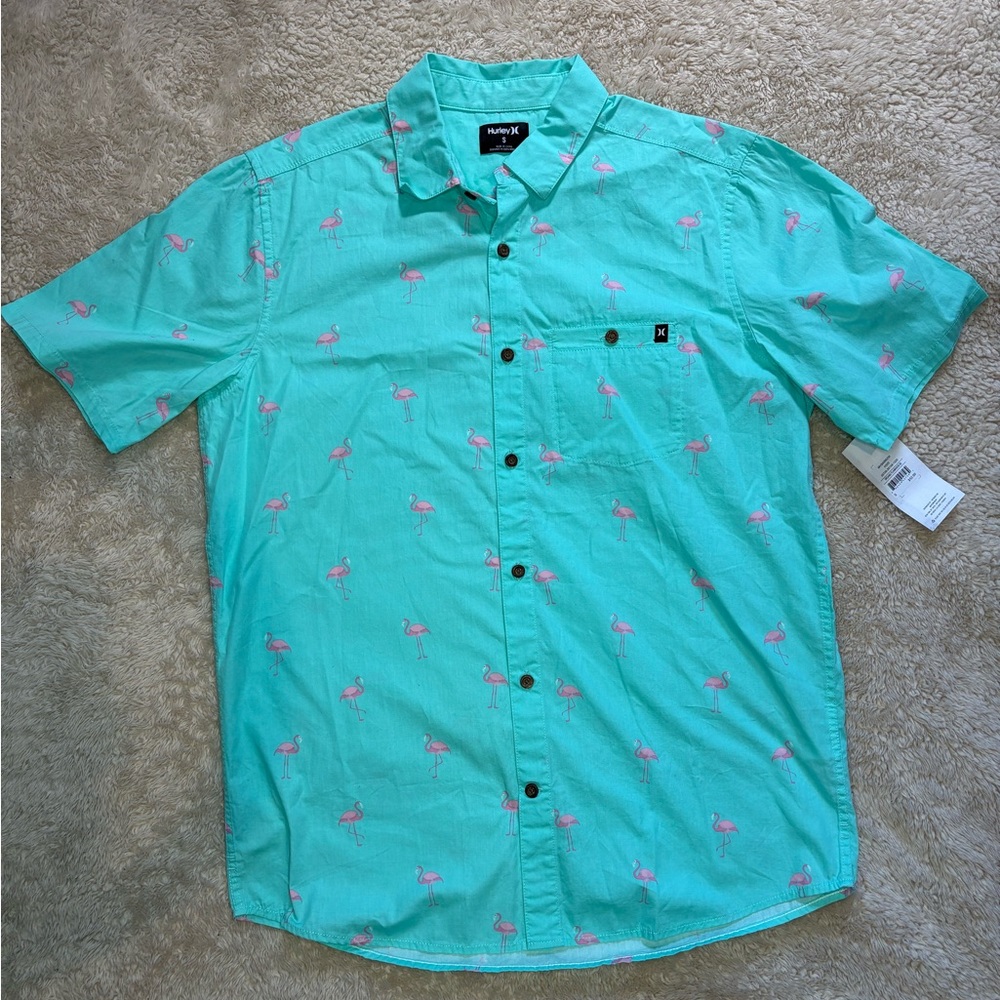 NWT Hurley Blue Flamingo Print Men's Shirt